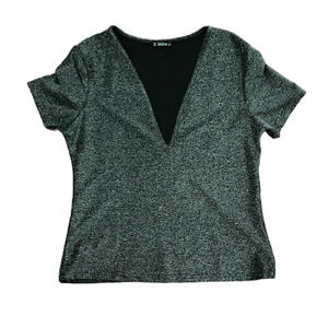 Shein black & silver vneck sparkling top stretchy glitter size XL glittery